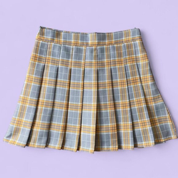 Grey & Yellow Plaid Pleated Mini Skirt Size 4 - Picture 1 of 6